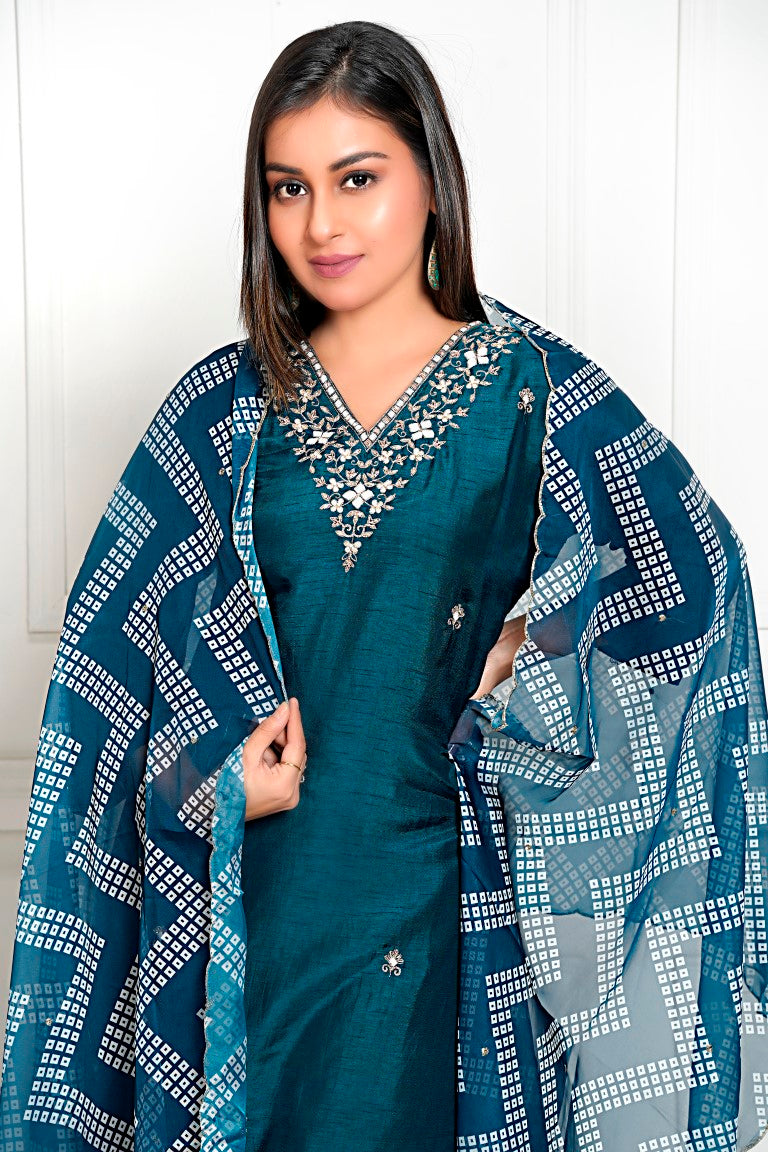PF7954 - , Kurtis , Bandhej Ethnic Clothing Hand Embroidery Kurta Sets Silk