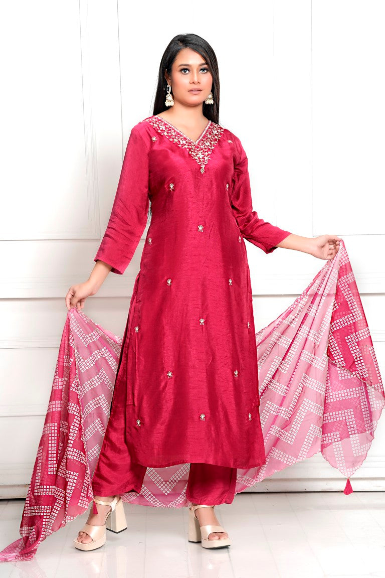 PF7954 - , Kurtis , Bandhej Ethnic Clothing Hand Embroidery Kurta Sets Silk