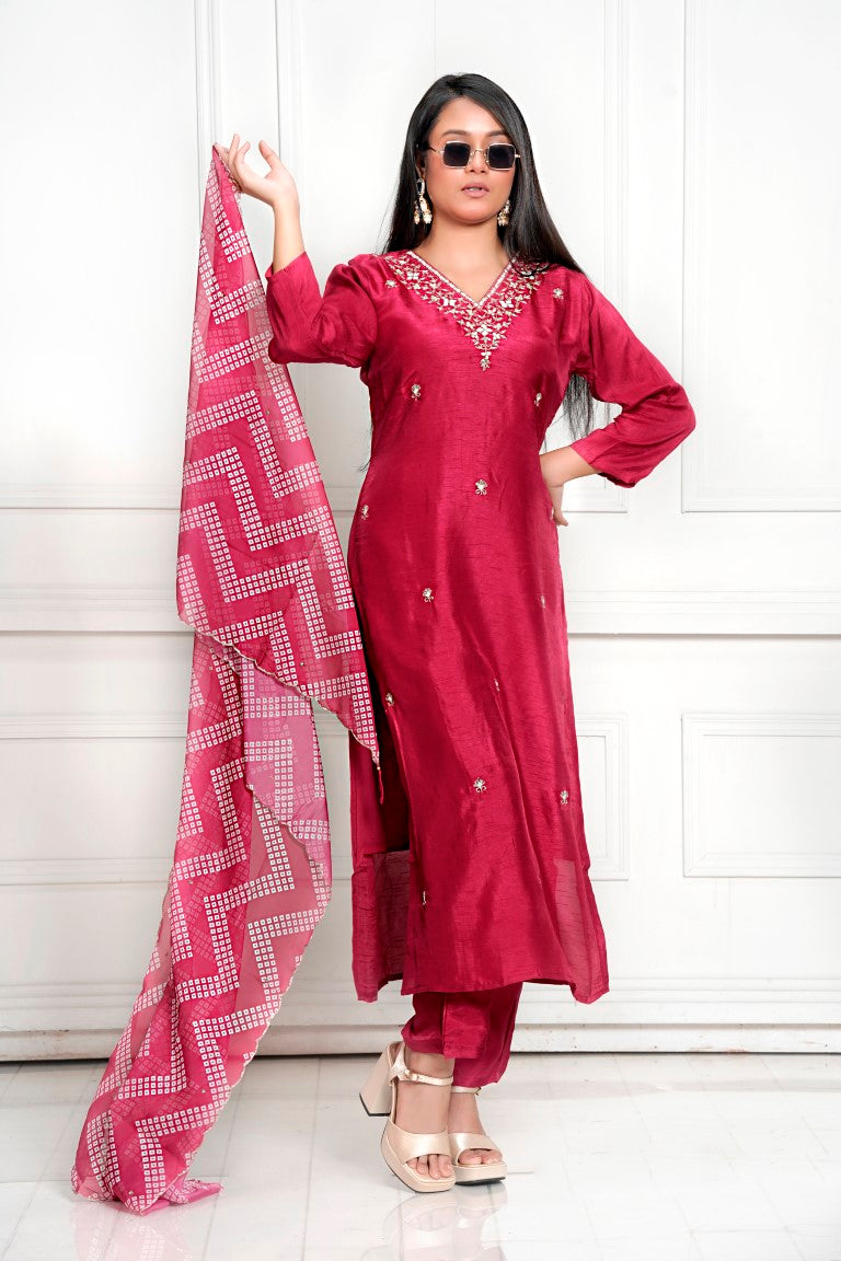 PF7954 - , Kurtis , Bandhej Ethnic Clothing Hand Embroidery Kurta Sets Silk