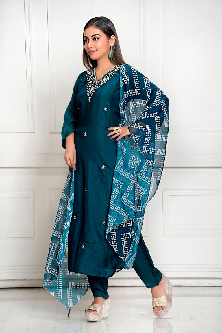PF7954 - , Kurtis , Bandhej Ethnic Clothing Hand Embroidery Kurta Sets Silk