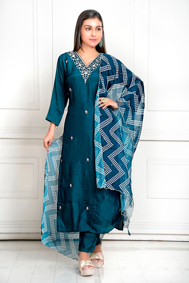 PF7954 - , Kurtis , Bandhej Ethnic Clothing Hand Embroidery Kurta Sets Silk