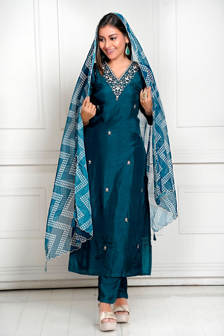 PF7954 - Indigo , Kurtis , Bandhej Ethnic Clothing Hand Embroidery Kurta Sets Silk