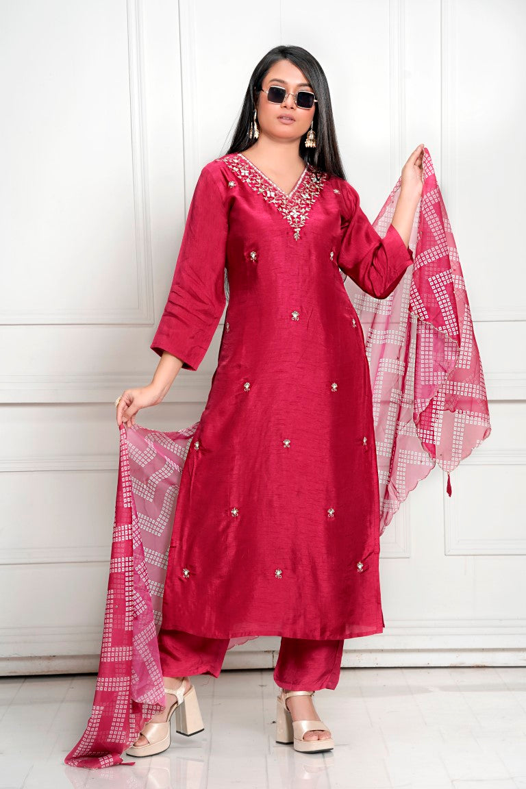 PF7954 - , Kurtis , Bandhej Ethnic Clothing Hand Embroidery Kurta Sets Silk