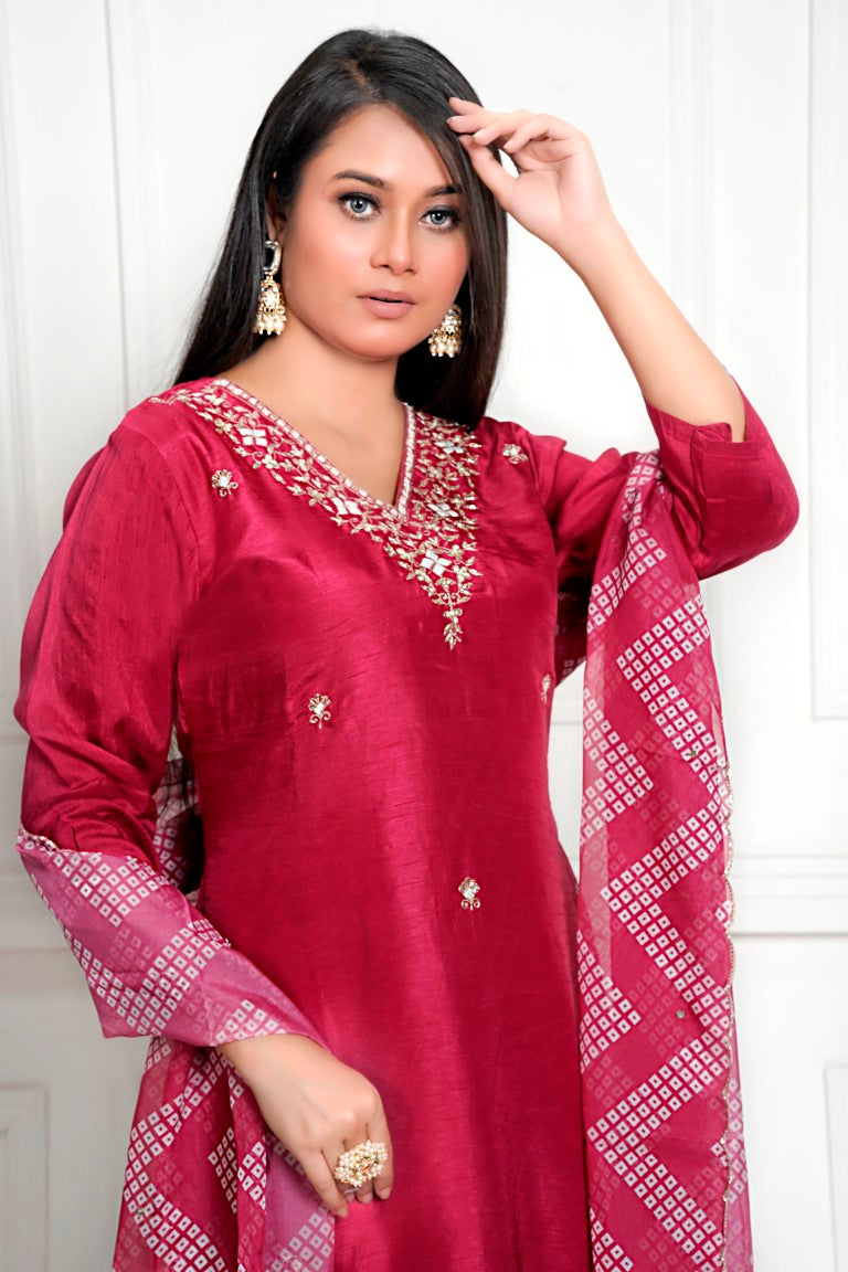 PF7954 - Cherry , Kurtis , Bandhej Ethnic Clothing Hand Embroidery Kurta Sets Silk
