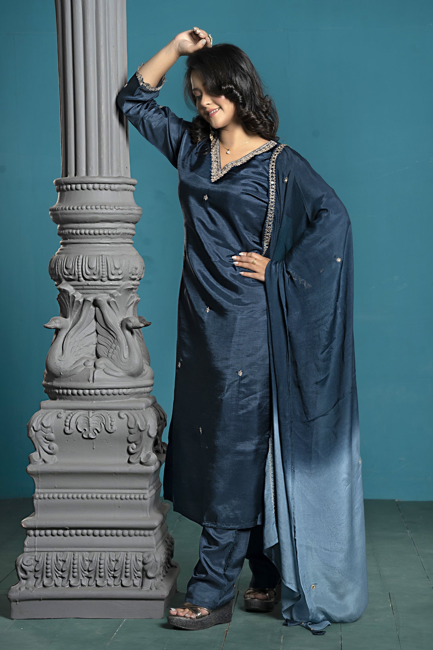 PF8003A - , Kurtis , Ethnic Clothing Hand Embroidery Kurta Sets Silk