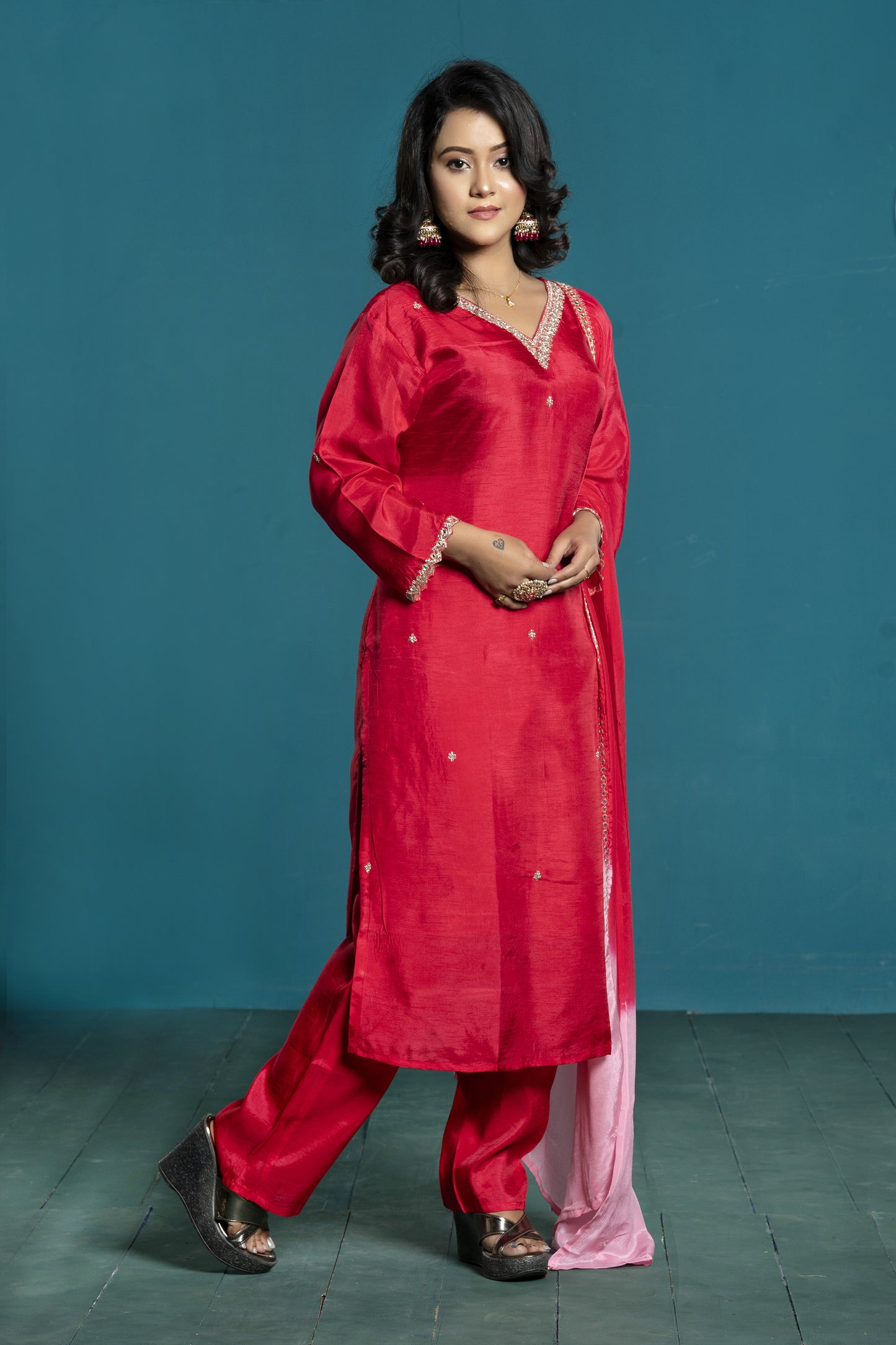 PF8003A - , Kurtis , Ethnic Clothing Hand Embroidery Kurta Sets Silk