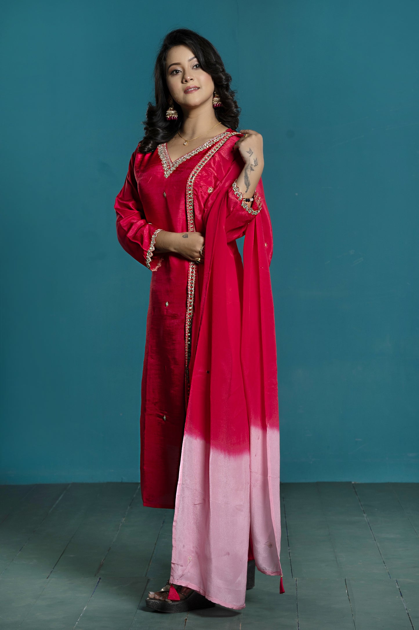 PF8003A - , Kurtis , Ethnic Clothing Hand Embroidery Kurta Sets Silk