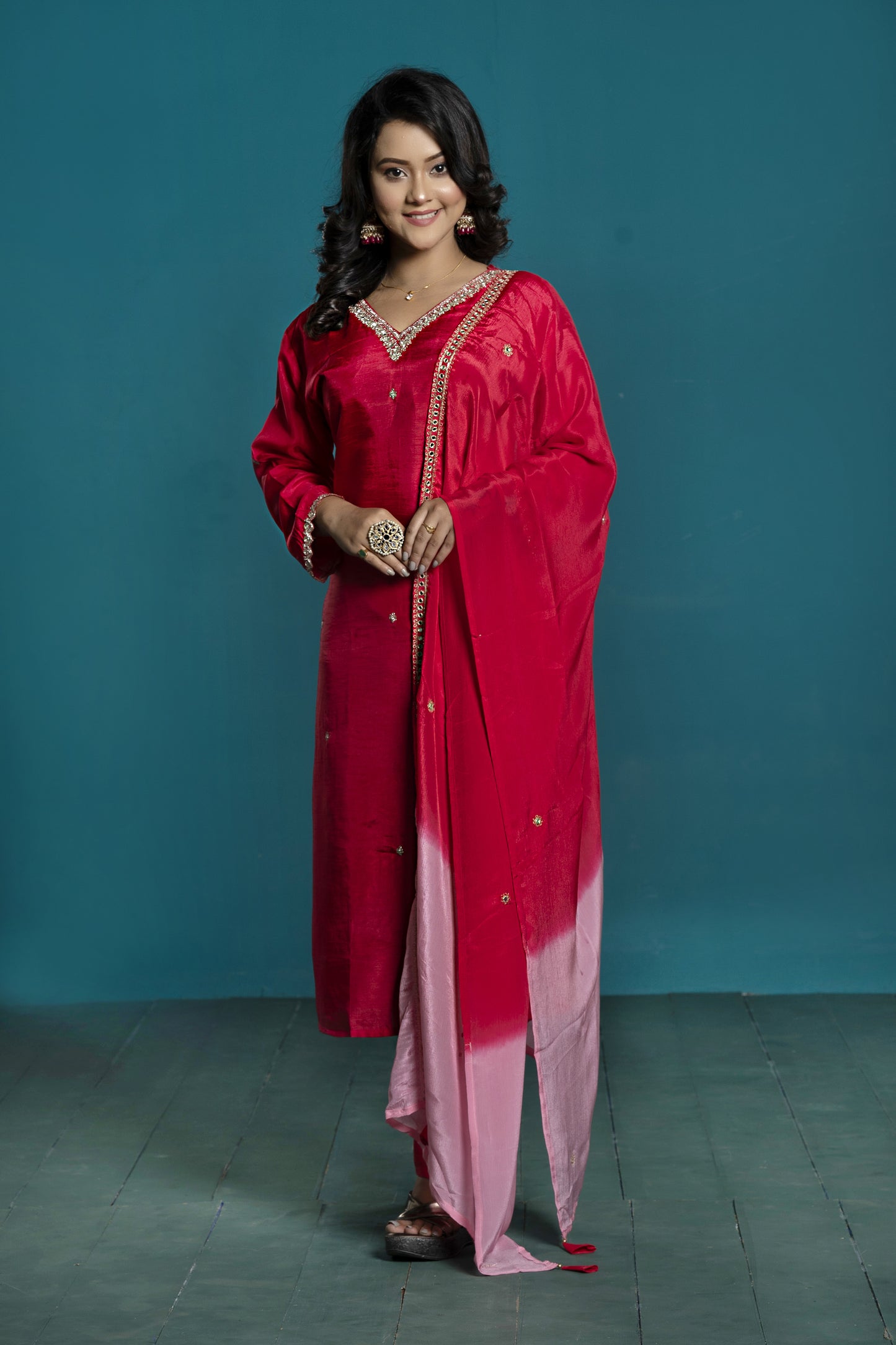 PF8003A - , Kurtis , Ethnic Clothing Hand Embroidery Kurta Sets Silk
