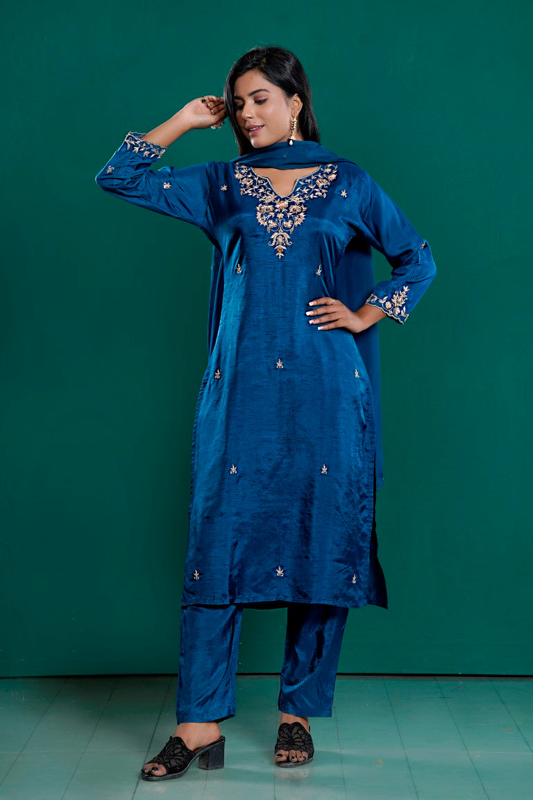 PF8012 - Blue , Kurtis , Ethnic Clothing Festive Collection Hand Embroidery Kurta Sets Silk