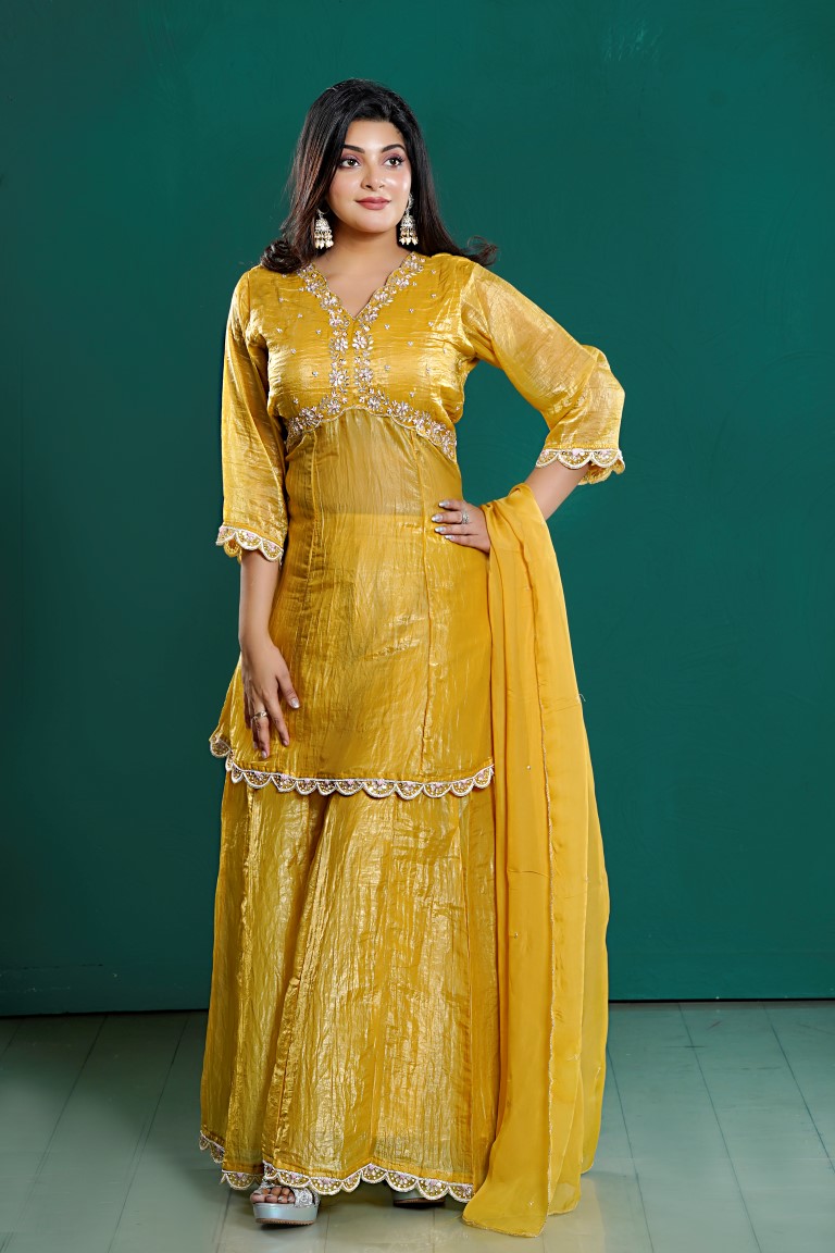 PF8022 - , Kurtis , Ethnic Clothing Hand Embroidery Shararas Silk