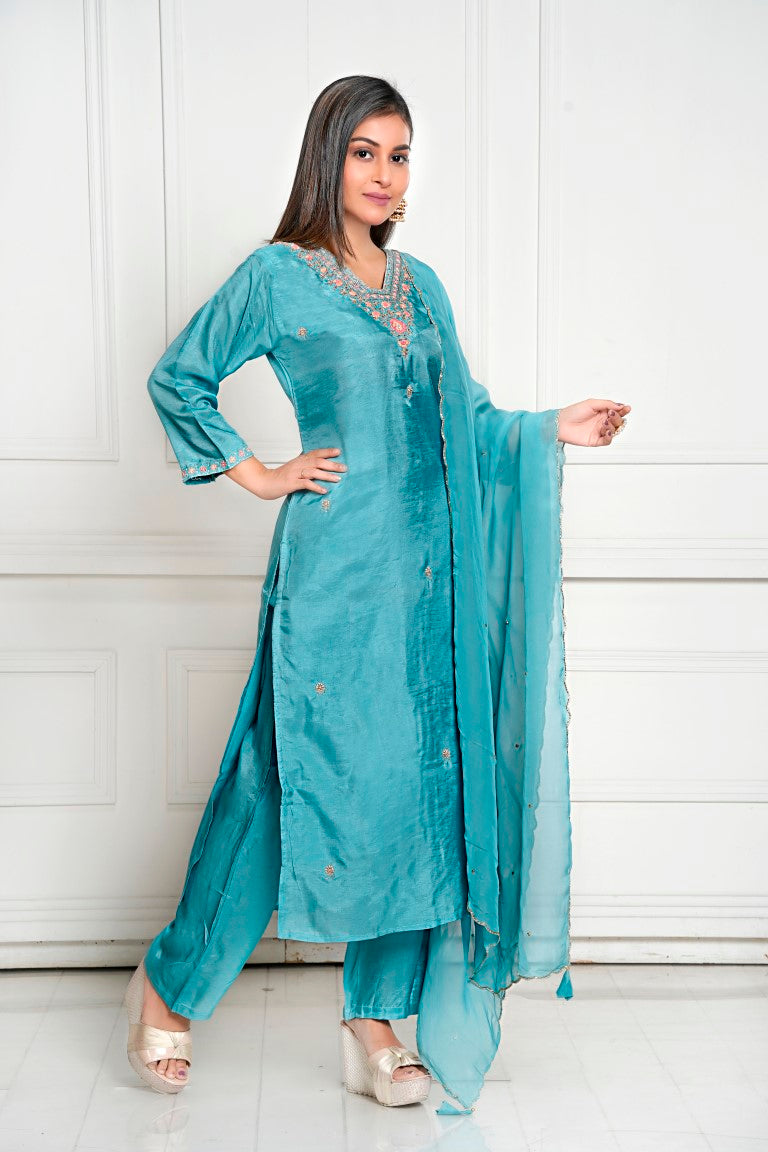PF8035 - , Kurtis , Ethnic Clothing Hand Embroidery Kurta Sets Silk