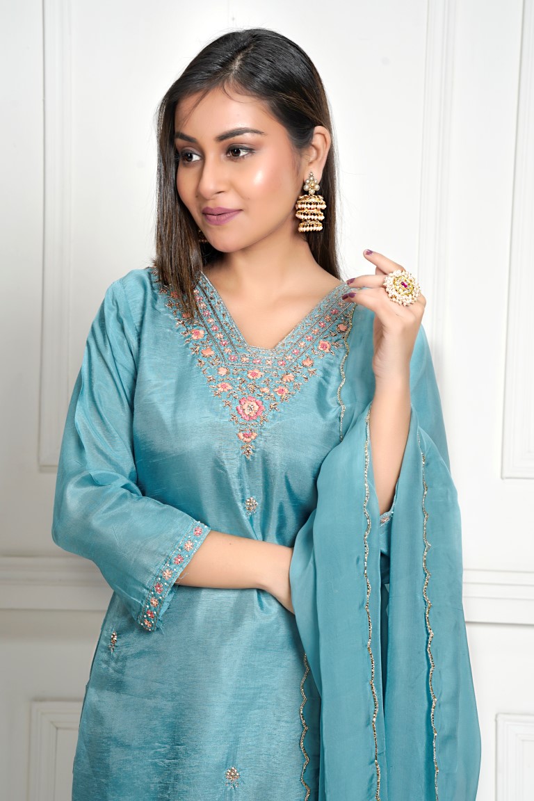 PF8035 - , Kurtis , Ethnic Clothing Hand Embroidery Kurta Sets Silk