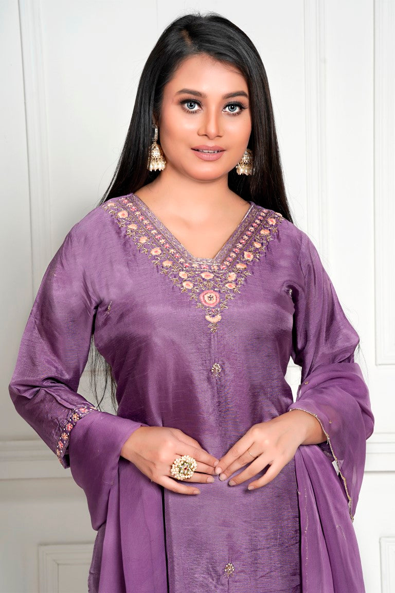 PF8035 - Mauve , Kurtis , Ethnic Clothing Hand Embroidery Kurta Sets Silk