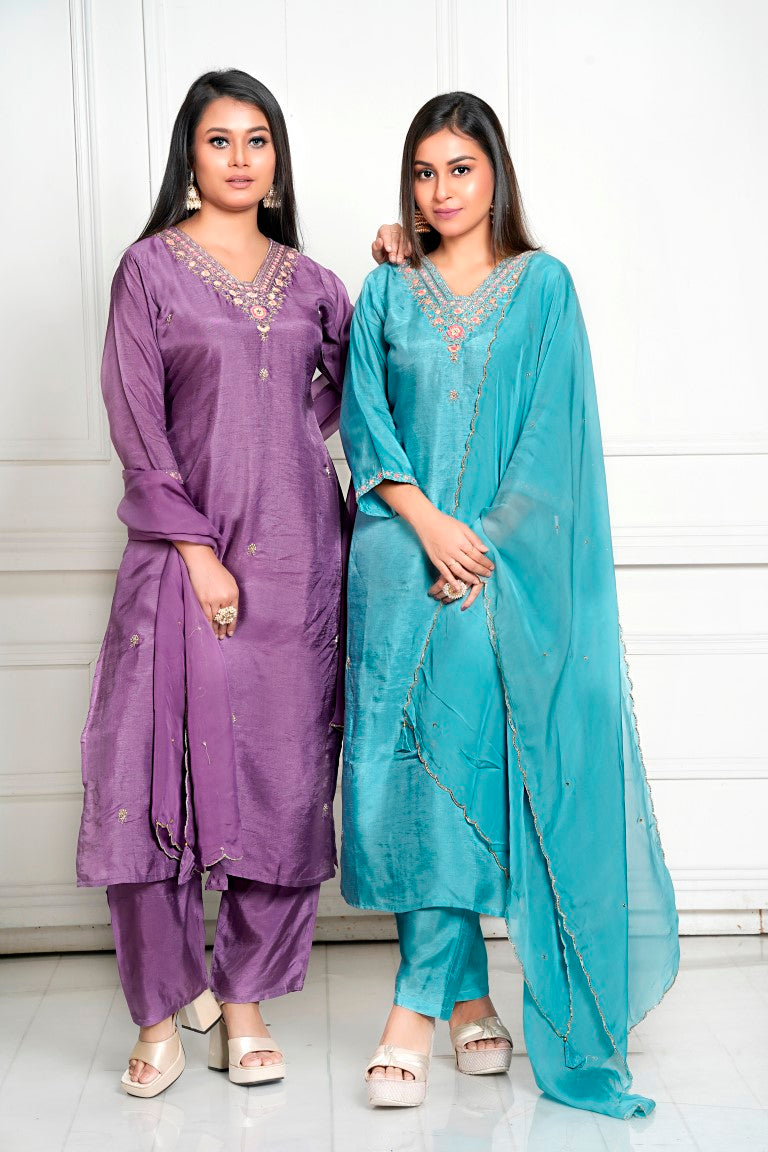 PF8035 - , Kurtis , Ethnic Clothing Hand Embroidery Kurta Sets Silk