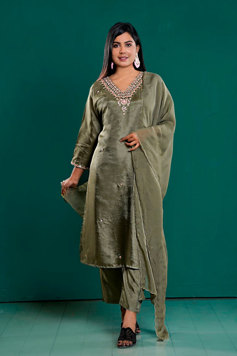 PF8036 - Mehendi , Kurtis , Ethnic Clothing Hand Embroidery Kurta Sets Silk