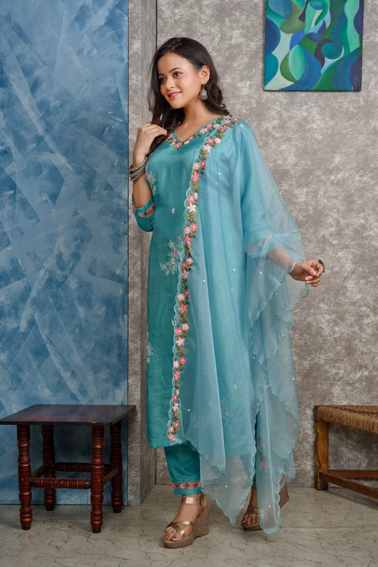 PF8223 - , Kurtis , Ethnic Clothing Festive Collection Hand Embroidery Kurta Sets Silk