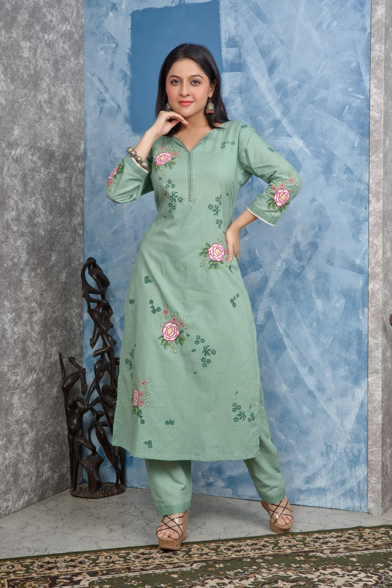 PF8272 - Green 40 , Kurtis , Ethnic Clothing Hand Embroidery Kurta Sets Silk