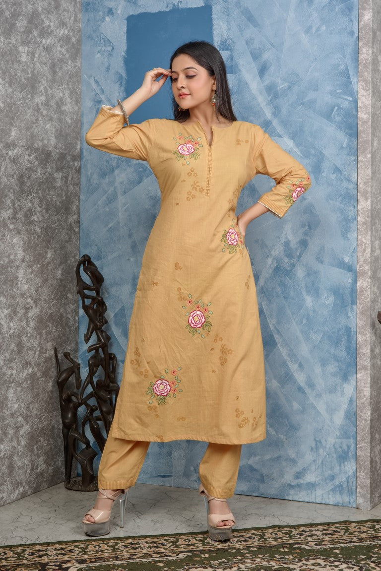 PF8272 - Mustard , Kurtis , Ethnic Clothing Hand Embroidery Kurta Sets Silk