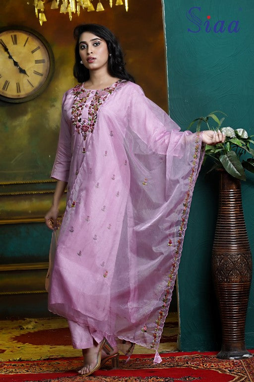 PF8288 - Lavender , Kurtis , Ethnic Clothing Hand Embroidery Kurta Sets Silk