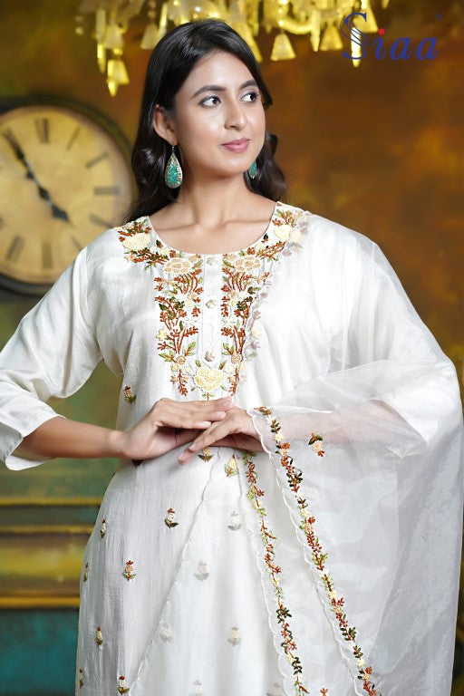 PF8288 - Beige , Kurtis , Ethnic Clothing Hand Embroidery Kurta Sets Silk
