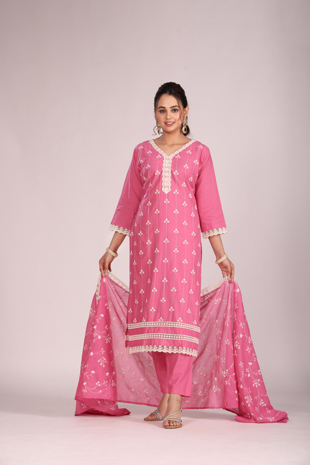 Magenta Lucknowi Cotton Kurti Set with Pant & Dupatta – 3 Pc