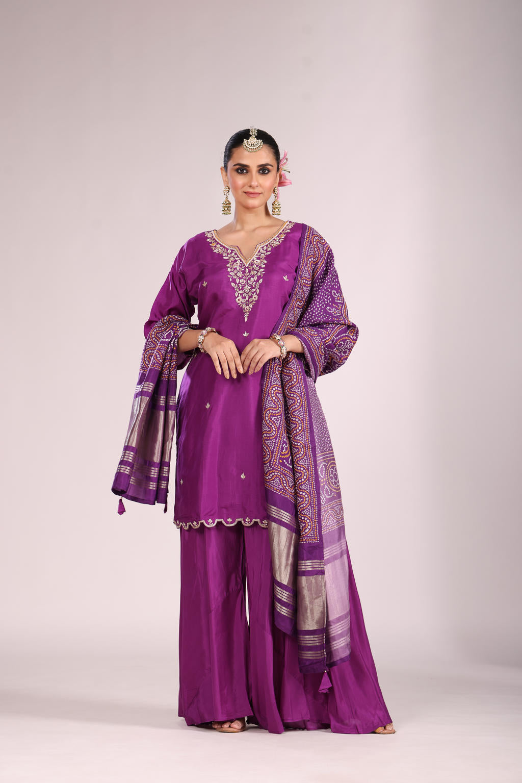Bandhej Printed Silk Kurti Set with Sharara & Dupatta β Hand Embroidery, 3 Pc