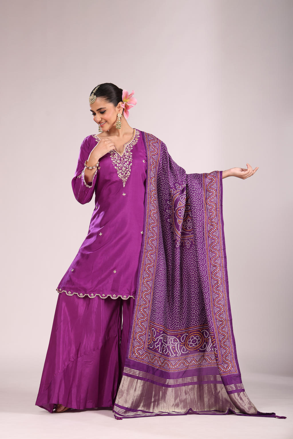 Bandhej Printed Silk Kurti Set with Sharara & Dupatta β Hand Embroidery, 3 Pc