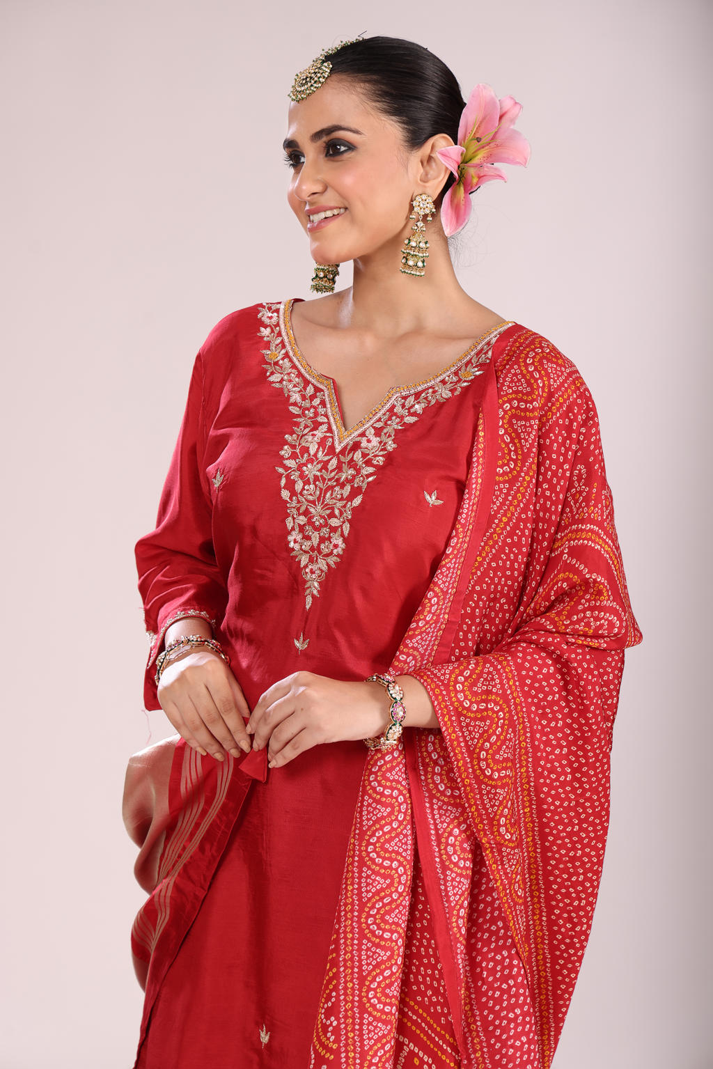 Bandhej Printed Silk Kurti Set with Sharara & Dupatta β Hand Embroidery, 3 Pc