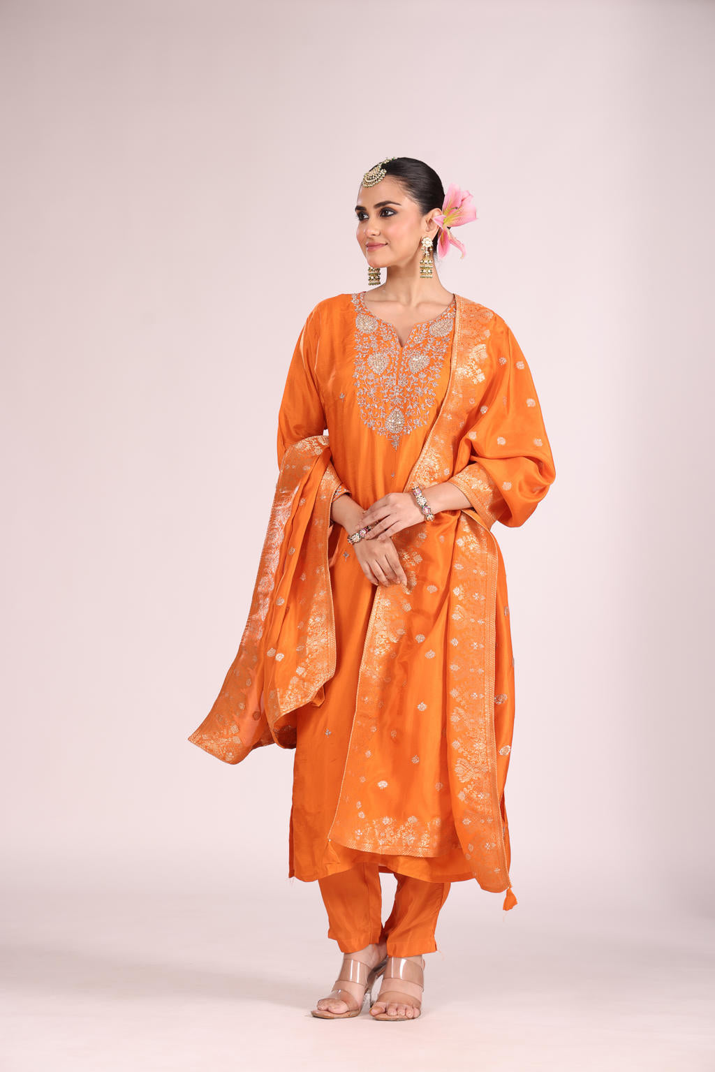Banarasi Silk Kurti Set with Pant & Dupatta – Hand Embroidery, 3 Pc