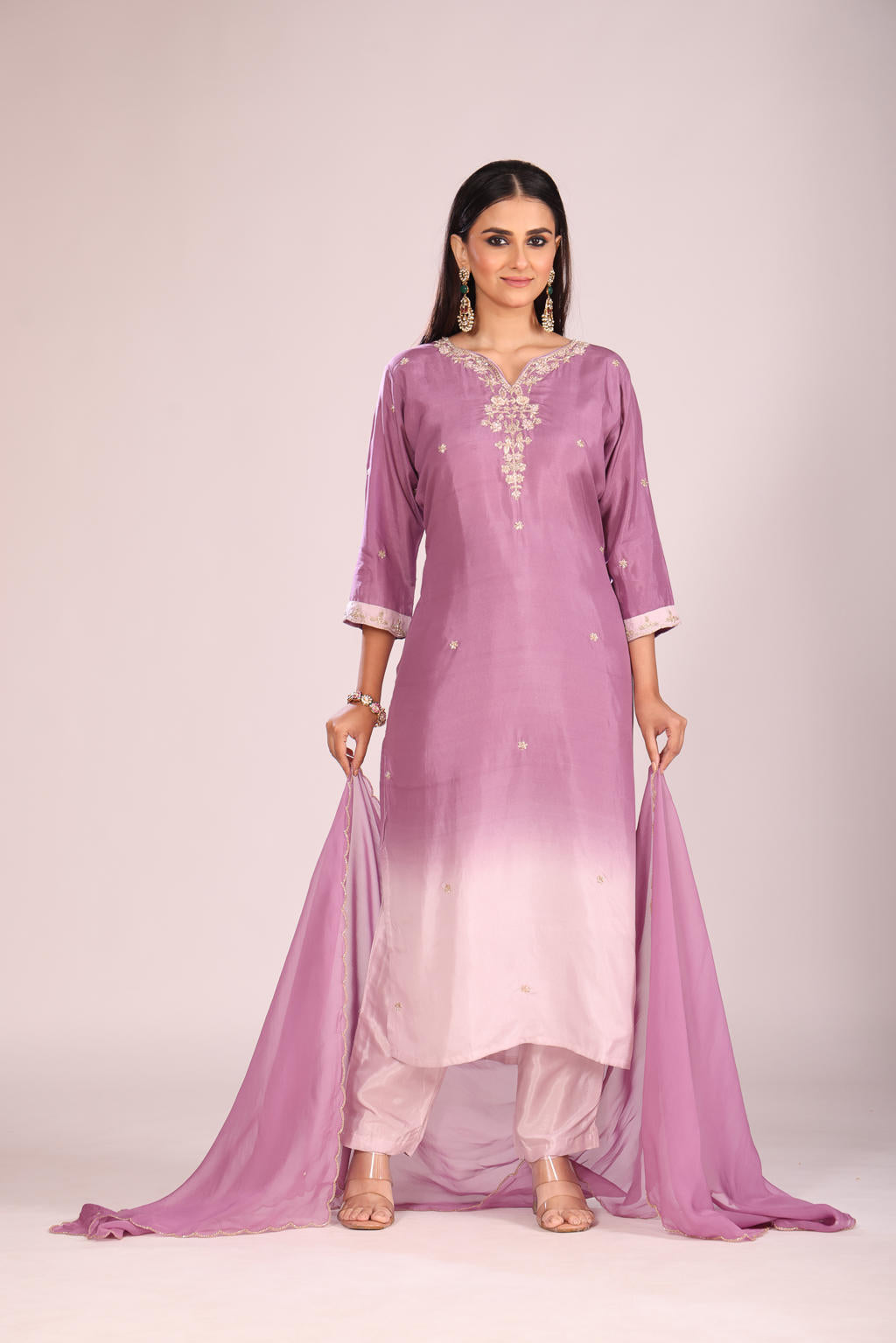 Mauve Tie-Dye Silk Kurti Set with Pant & Dupatta – Hand Embroidery, 3 Pc
