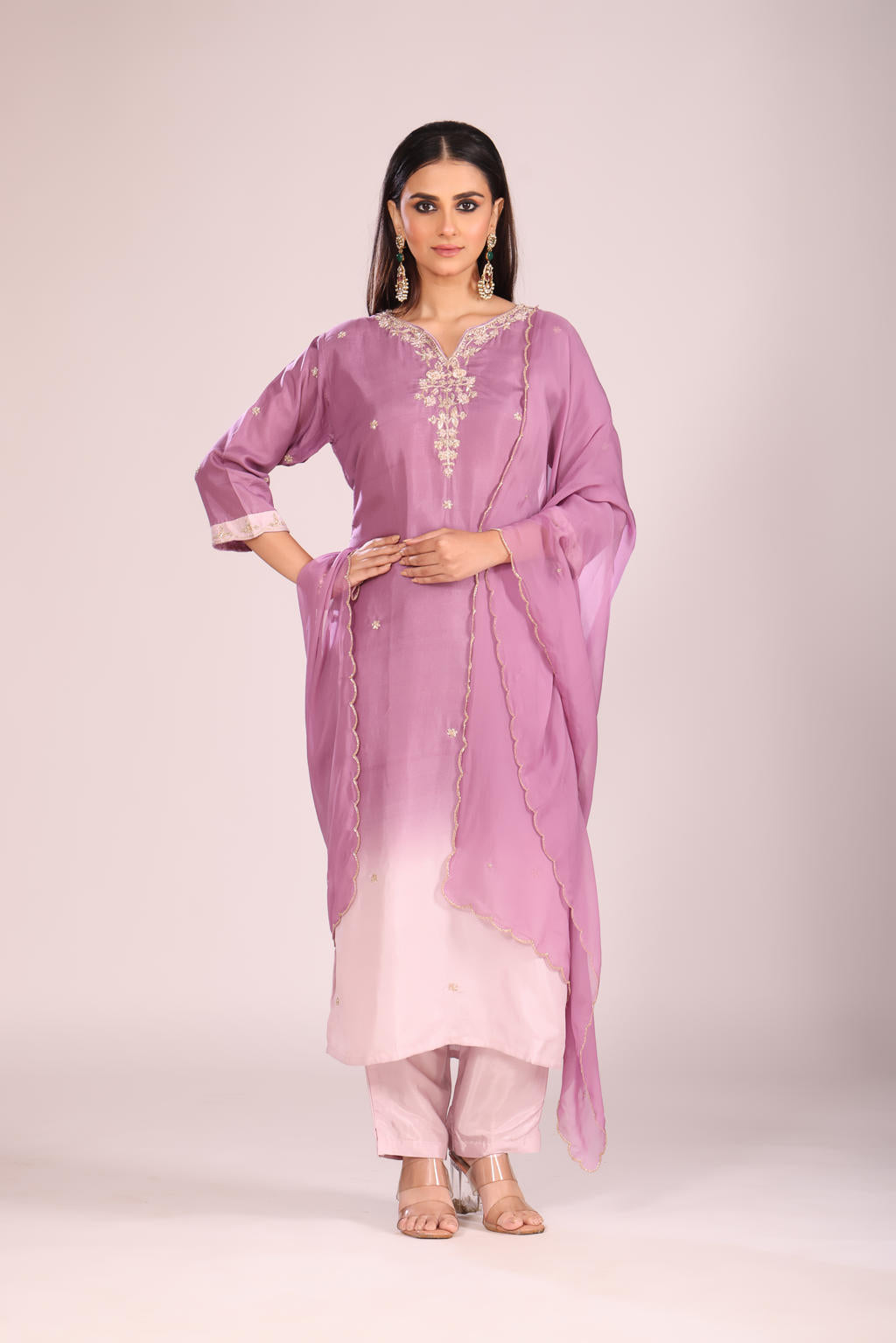 Mauve Tie-Dye Silk Kurti Set with Pant & Dupatta – Hand Embroidery, 3 Pc