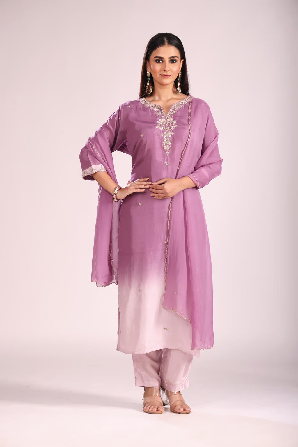 Mauve Tie-Dye Silk Kurti Set with Pant & Dupatta – Hand Embroidery, 3 Pc