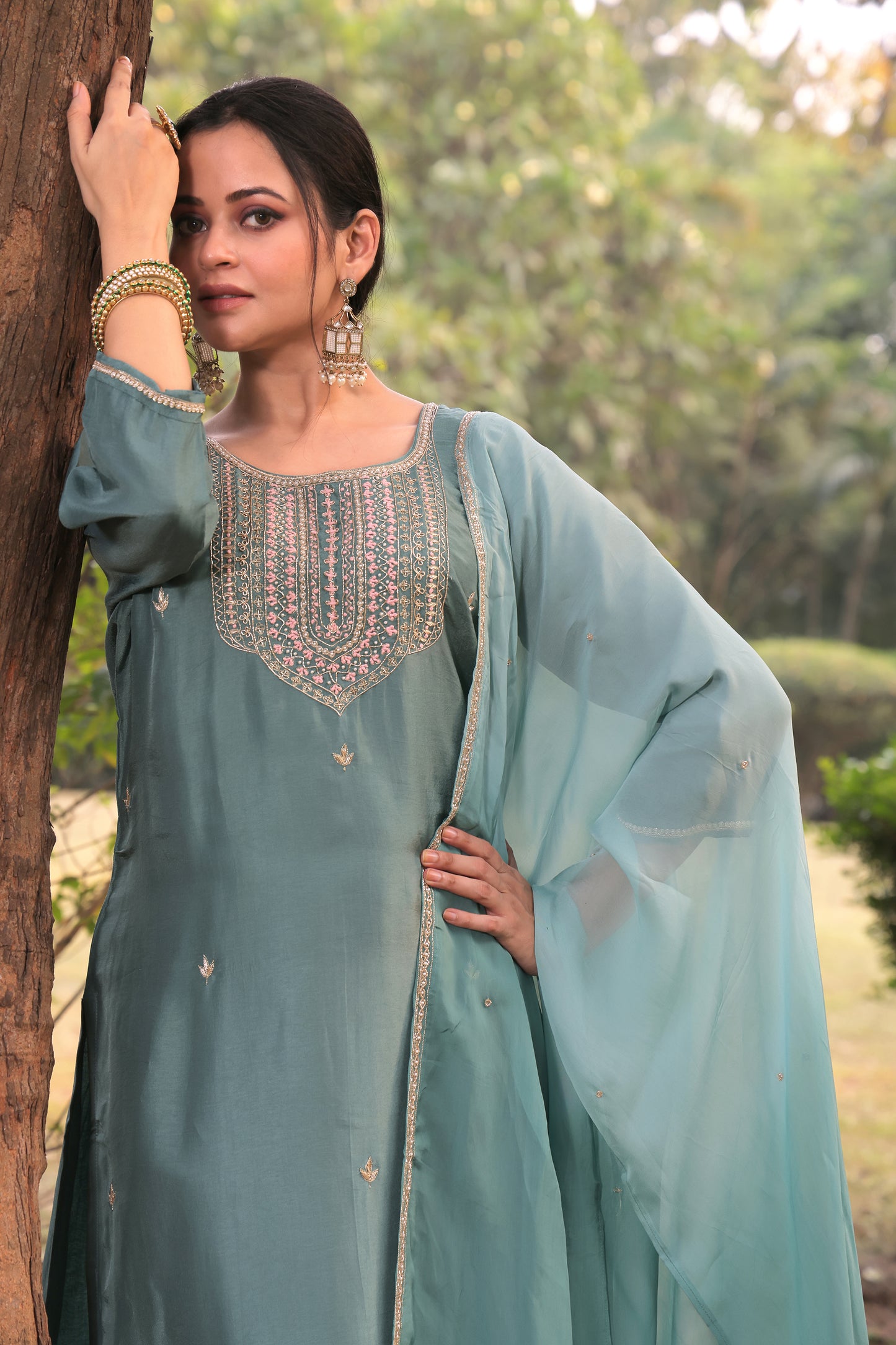 PF8530A - Green , , Ethnic Clothing Festive Collection fresh Release Hand Embroidery Kurta Sets Organza Silk