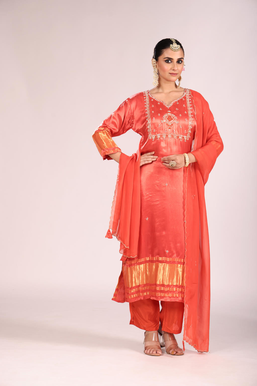 Organza Silk Kurti Set with Pant & Dupatta โ Hand Embroidery, 3 Pc