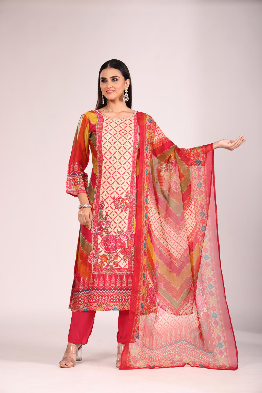 Rani Silk Kurti Set with Pant & Dupatta โ Printed, 3 Pc
