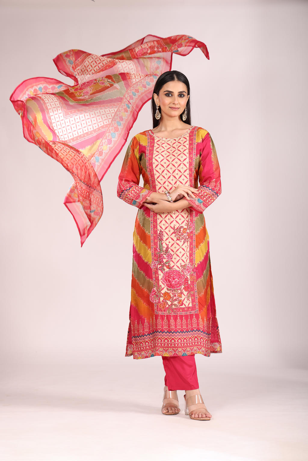 Rani Silk Kurti Set with Pant & Dupatta โ Printed, 3 Pc