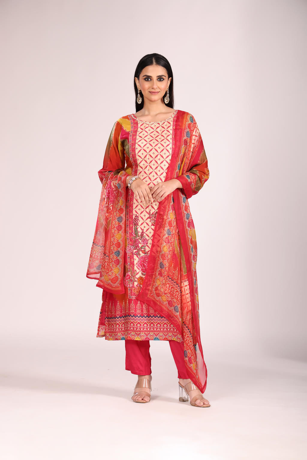 Rani Silk Kurti Set with Pant & Dupatta โ Printed, 3 Pc