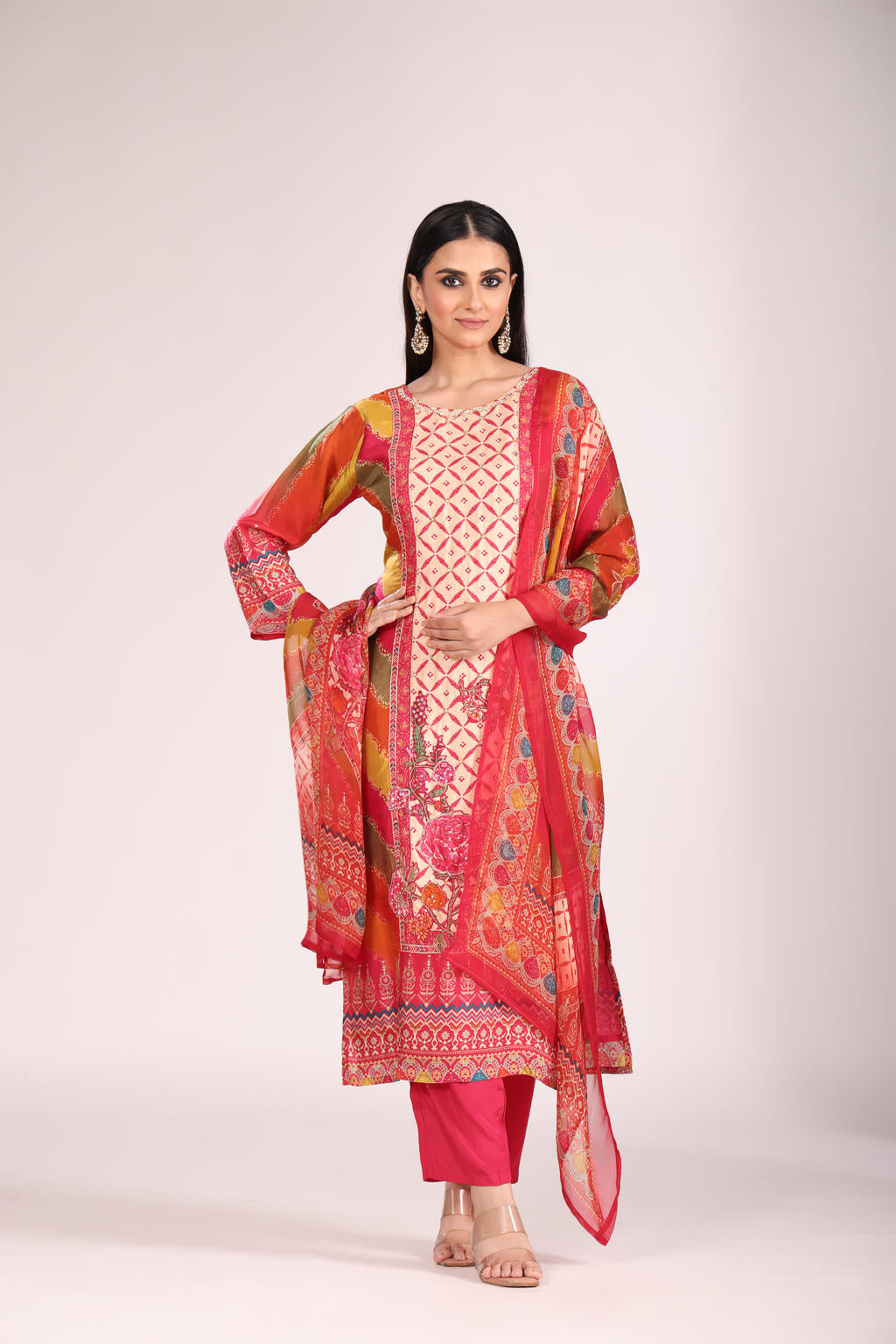 Rani Silk Kurti Set with Pant & Dupatta โ Printed, 3 Pc