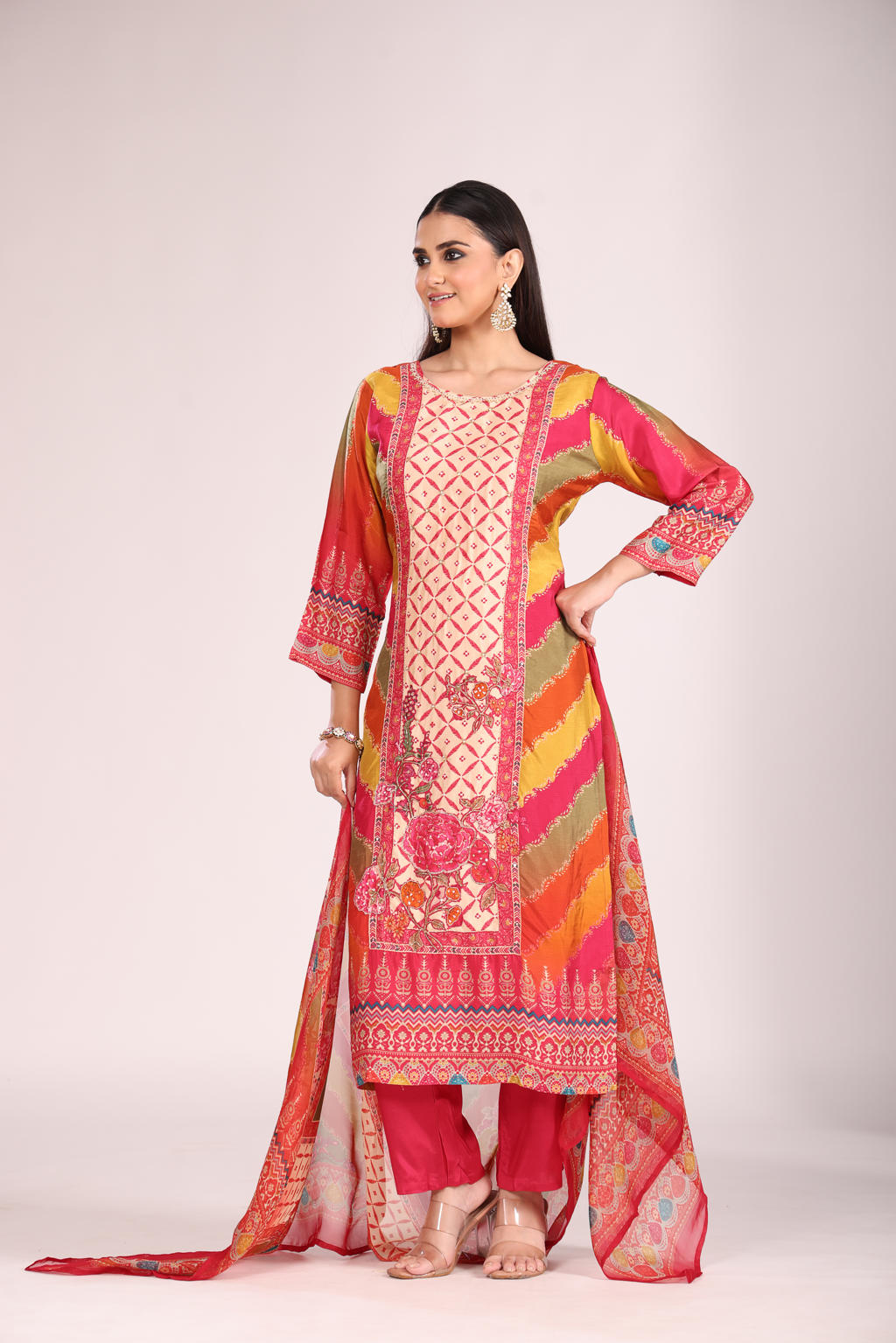Rani Silk Kurti Set with Pant & Dupatta โ Printed, 3 Pc