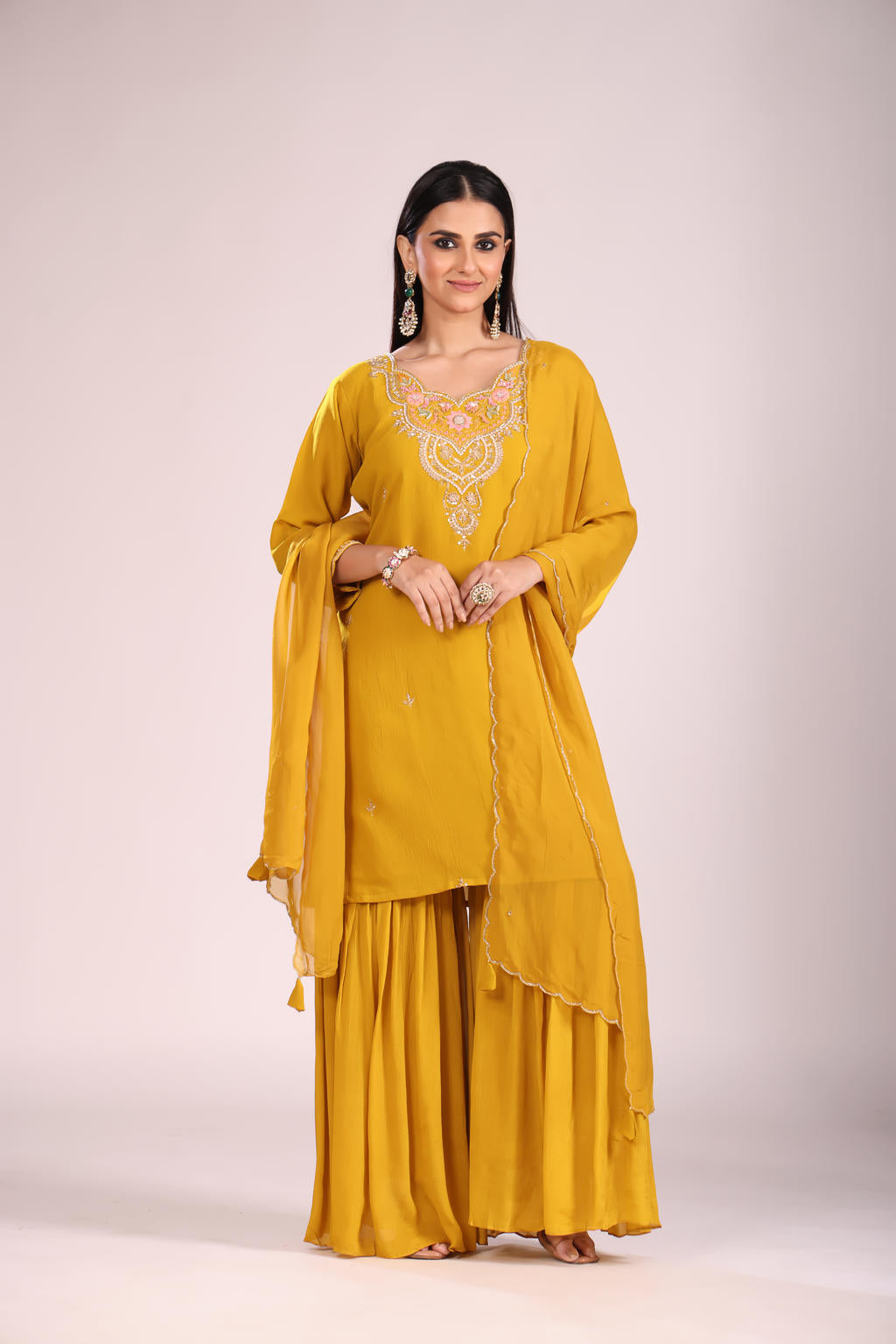 Mustard Organza Silk Kurti Set with Sharara & Dupatta – Hand Embroidery, 3 Pc