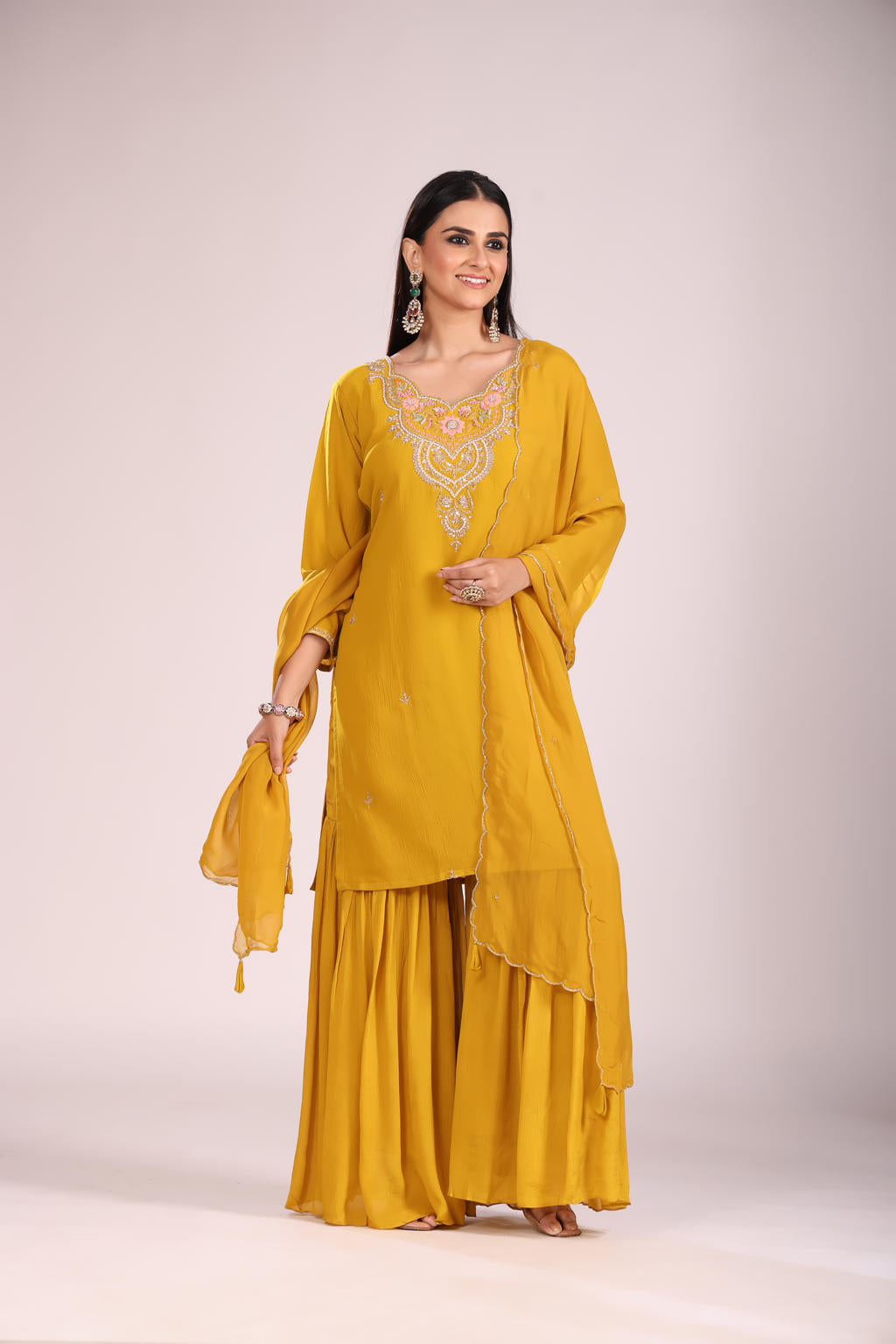 Mustard Organza Silk Kurti Set with Sharara & Dupatta – Hand Embroidery, 3 Pc