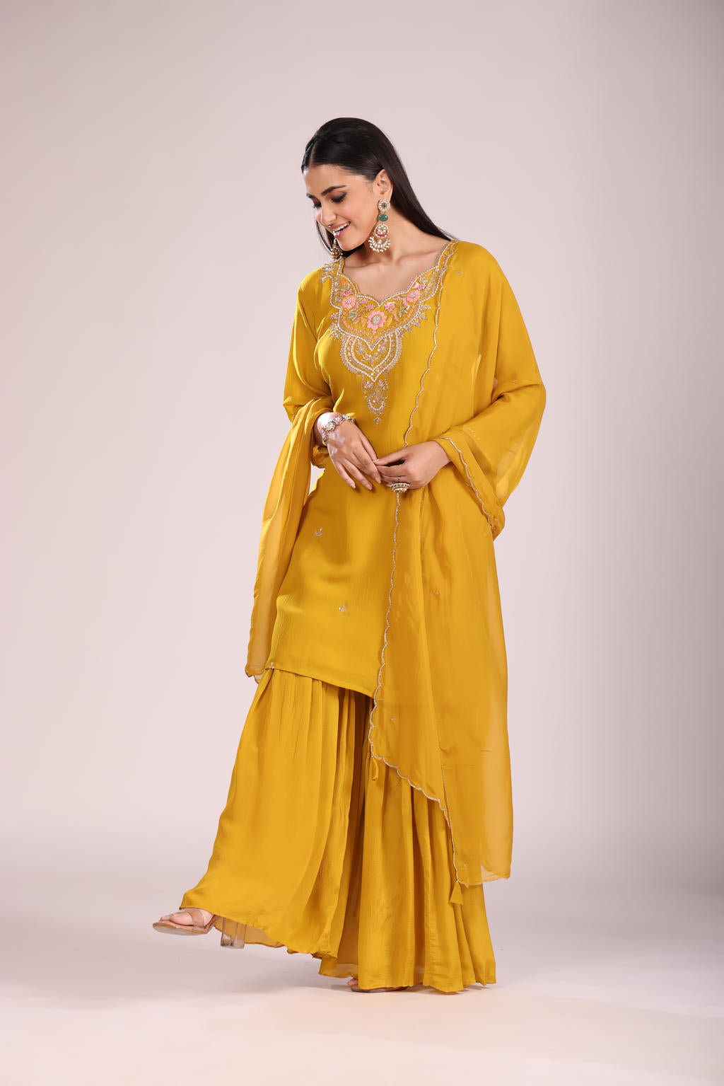 Mustard Organza Silk Kurti Set with Sharara & Dupatta – Hand Embroidery, 3 Pc