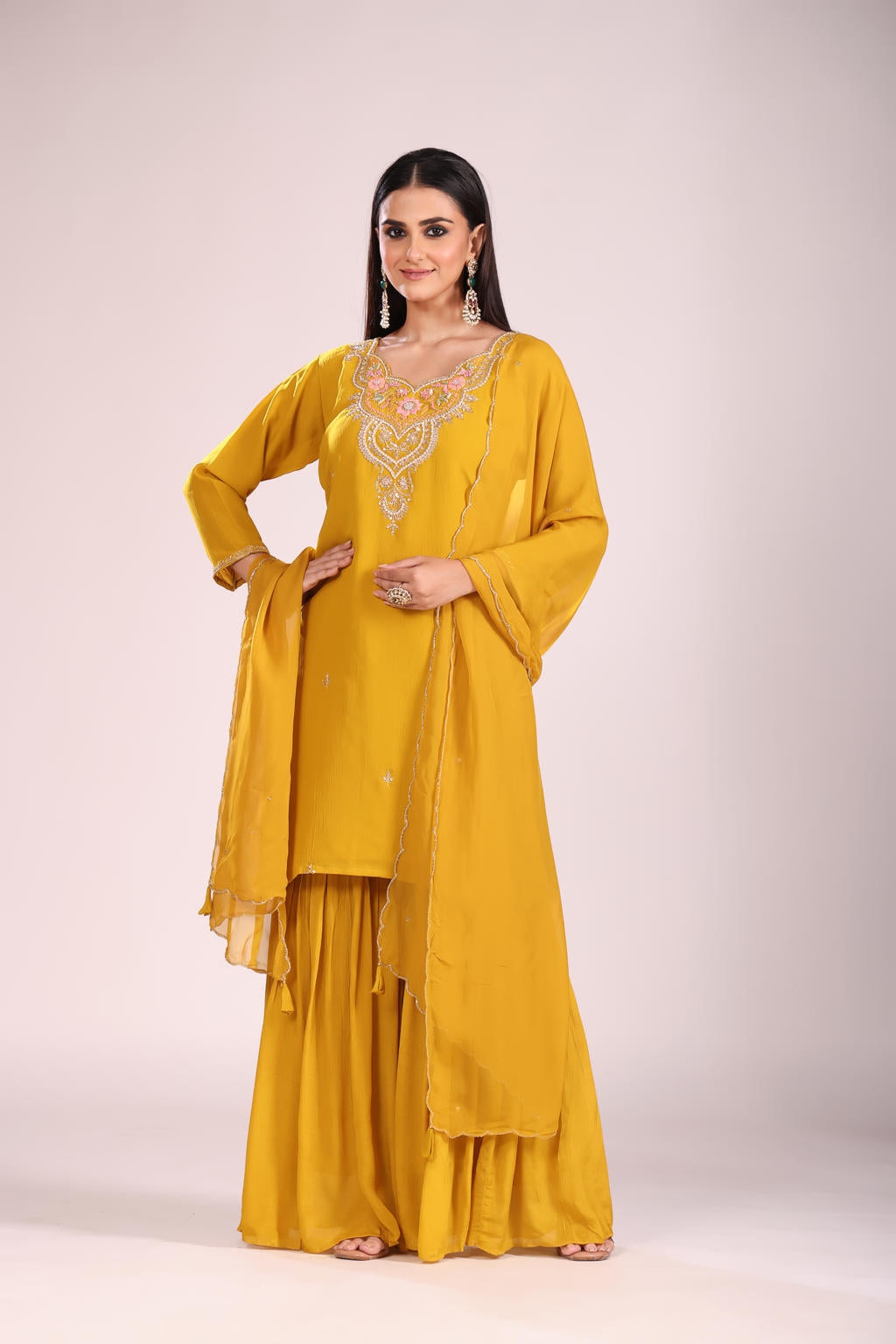 Mustard Organza Silk Kurti Set with Sharara & Dupatta – Hand Embroidery, 3 Pc