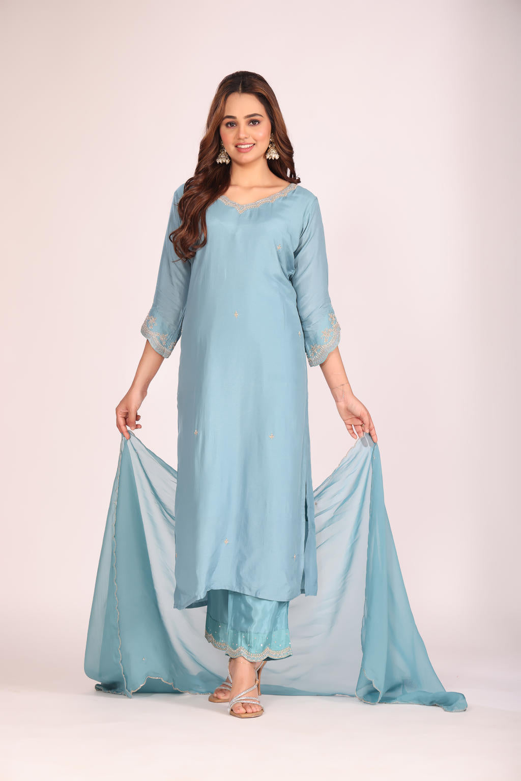 Firoza Organza Silk Kurti Set with Pant & Dupatta – Hand Embroidery, 3 Pc