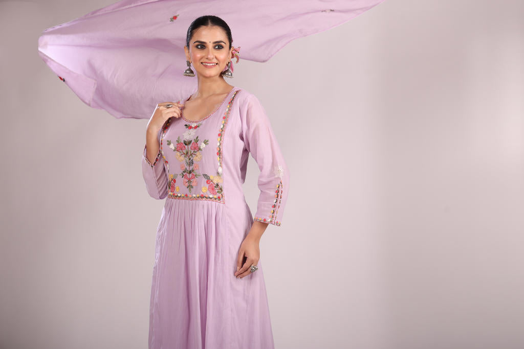 Cotton A-Line Kurti โ Hand Embroidery, Anarkali Style
