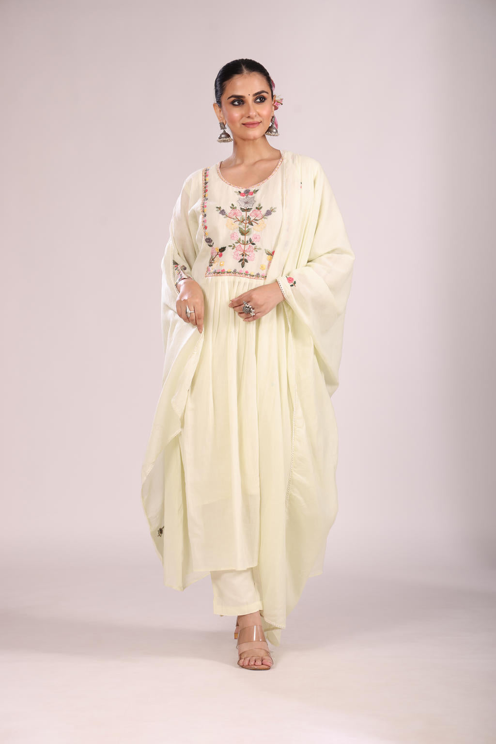 Cotton A-Line Kurti โ Hand Embroidery, Anarkali Style