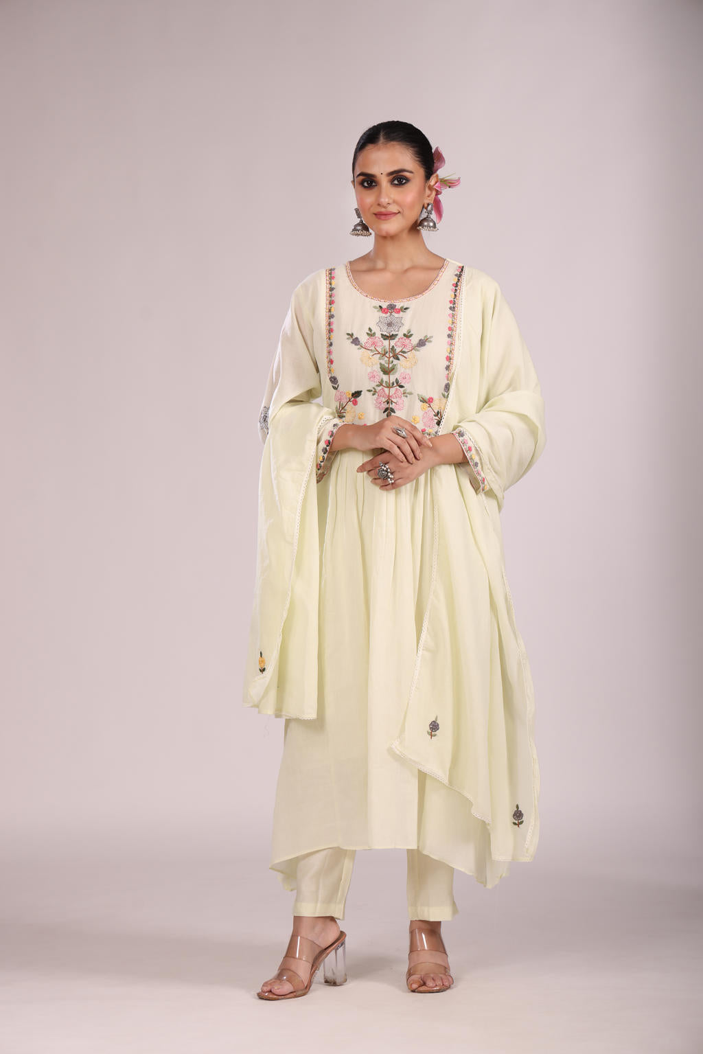 Cotton A-Line Kurti โ Hand Embroidery, Anarkali Style