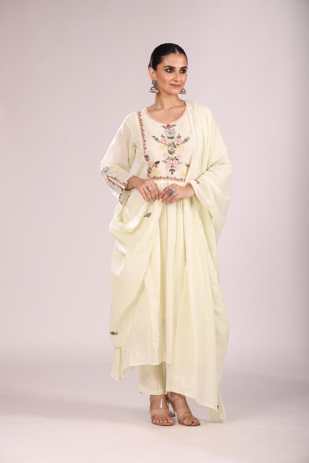 Cotton A-Line Kurti โ Hand Embroidery, Anarkali Style