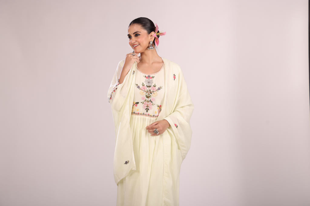 Cotton A-Line Kurti โ Hand Embroidery, Anarkali Style