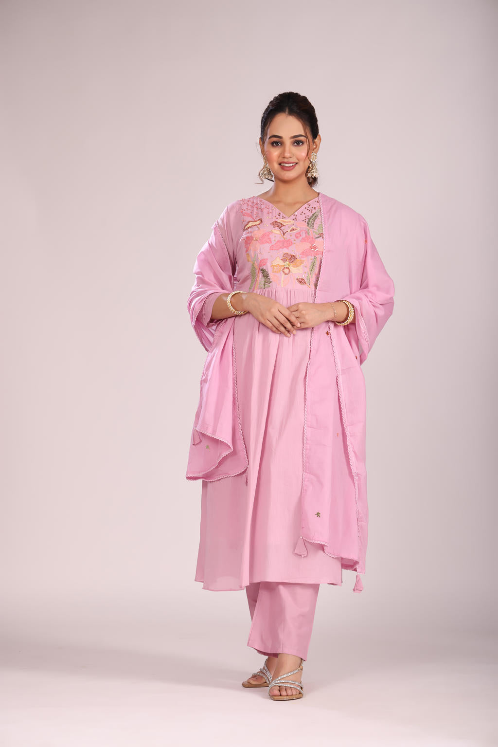 Lavender Cotton A-Line Kurti โ Hand Embroidery, Anarkali Style